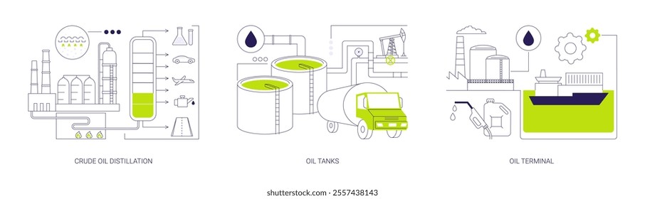 Oil refinery abstract concept vector illustration set. Crude oil distillation, petroleum tanks, coastal oil and gas terminal, petroleum products, fuel transportation abstract metaphor.