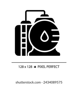 Icono de glifo negro de refinería de petróleo. Planta de energía. Producto del petróleo. Industria química. Producción de energía. Tanque de almacenamiento. Símbolo de silueta en espacio blanco. Pictograma sólido. Ilustración aislada del vector