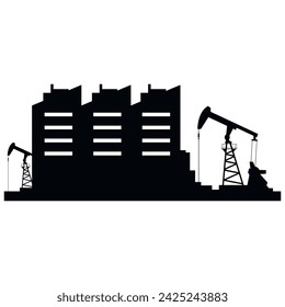 Oil refinery black icon industrial engineering factory chemical manufacture vector flat illustration. Automation energy generation petrol petroleum gas power station with pipe tower and drilling rig