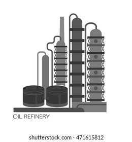 Oil refinery or chemical plant image. Vector illustration im black and grey colors on a white background. Oil patch symbol