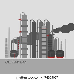 Oil refinery or chemical plant image. Vector illustration im grey, red and light grey colors on a light grey background. Oil patch symbol