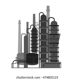 Oil refinery or chemical plant image. Vector illustration im black and grey colors on a white background. Oil patch symbol