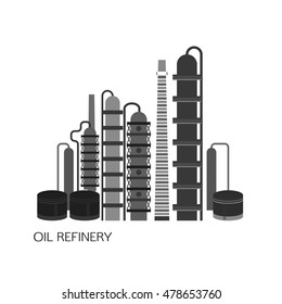 Oil refinery or chemical plant image. Vector illustration im black and grey colors on a white background. Oil patch symbol