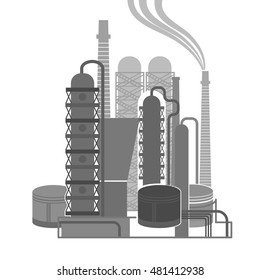 Oil refinery or chemical plant image. Vector illustration im black and grey colors on a white background. Oil patch symbol