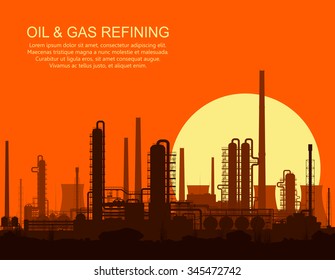 Oil refinery or chemical plant at orange sunset. Vector illustration. 