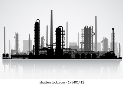 Oil Refinery Or Chemical Plant Silhouette. Vector Illustration. 