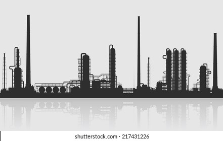 Oil refinery or chemical plant silhouette. Detailed vector illustration isolated on grey background. 