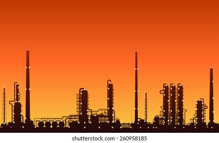 Oil Refinery Or Chemical Plant Silhouette With Night Lights On At Sunset. Detailed Vector Illustration.