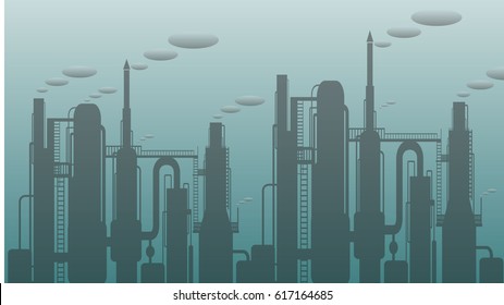 Oil refinery or chemical plant silhouette with Black smoke. Detailed vector illustration