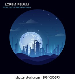 Oil refinery construction over moon night retro style vector background