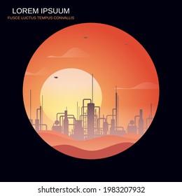 Ölraffinerienkonstruktion auf orangefarbenem, Retrostil, Vektorhintergrund