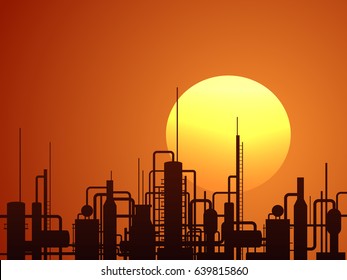 Oil refinery construction over orange sunset vector background