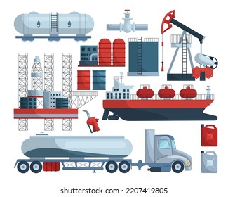 Oil refinery elements vector illustrations set. Cartoon drawings of fuel production, pipeline, truck and ship with petroleum isolated on white background. Oil and gas industry, transportation concept