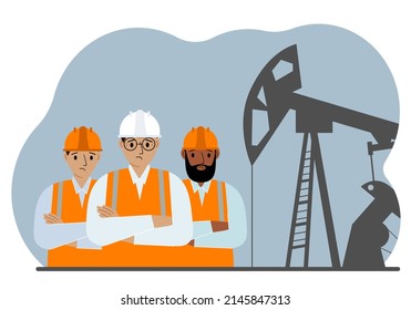 Oil refinery engineer. A male worker in front of a pumping unit for oil extraction, oil drilling and well repair. Vector flat illustration