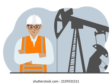 Oil refinery engineer. A male worker in front of a pumping unit for oil extraction, oil drilling and well repair. Vector flat illustration