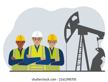 Oil refinery engineer. A male worker in front of a pumping unit for oil extraction, oil drilling and well repair. Vector flat illustration svg