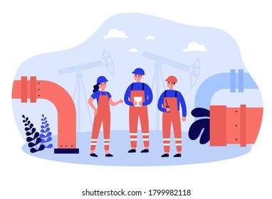 Oil refinery engineers working on factory. People wearing helmets and overalls standing at petroleum pipes. For oil and gas industry, production, pipelines concept