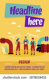Oil refinery engineers working on factory. People wearing helmets and overalls standing at petroleum pipes. For oil and gas industry, production, pipelines concept