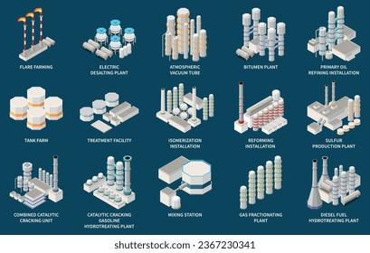 Oil refinery facilities isometric icons set isolated on dark blue background 3d vector illustration