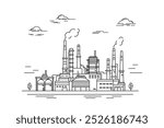 Oil refinery, factory, industrial plant, industrial landscape with clouds and trees. Contour drawing, line sketch on a white background.