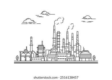 Oil refinery, factory, industrial plant, industrial landscape with clouds and trees. Contour drawing, line sketch on a white background.