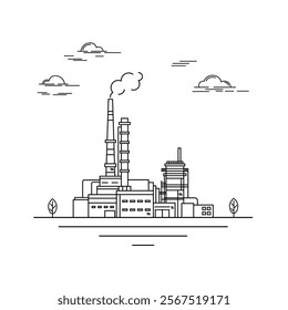 Oil refinery, factory, industrial plant, industrial landscape with clouds and trees. Contour drawing, line sketch on white background.