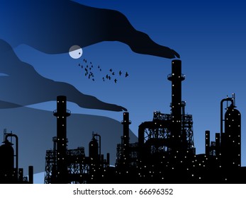 Oil refinery factory and night, vector illustration