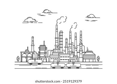 Refinería de petróleo, fábrica, tanques de ferrocarril, planta industrial, paisaje industrial con nubes y árboles. Dibujo de contorno, boceto lineal sobre fondo blanco.