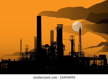 Oil refinery factory and sunset, vector illustration