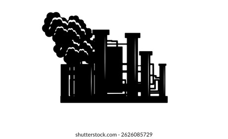 oil refinery fire, black isolated silhouette