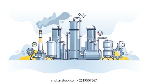 Oil refinery for gas or petroleum manufacturing industry outline concept. Chemical crude transformation into fuel or diesel vector illustration. Industrial plant station with pipeline and chimneys.