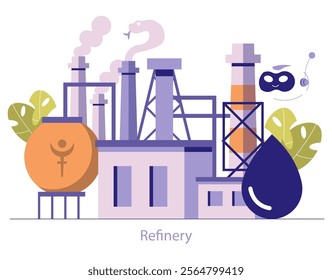 Oil refinery illustration. Industrial facility processes crude into gasoline and petrochemicals. Energy production, pollution, fossil fuels. Vector illustration.