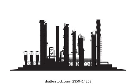 Plantilla industrial de refinería de petróleo, silueta vectorial sobre fondo blanco