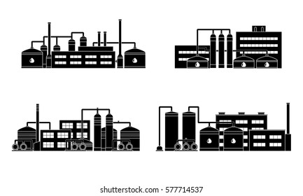 Oil refinery industry building. Set of petrochemical factories. Vector illustration.