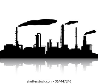 Oil refinery industry silhouette in landscape style with water reflection effect