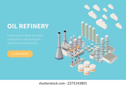 Banner der isometrischen horizontalen Website für Ölraffinerien mit 3D-Pflanzenbau auf hellblauem Hintergrund, Vektorgrafik