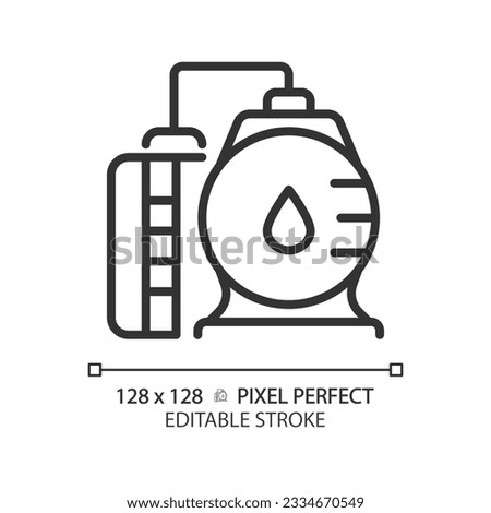 Oil refinery linear icon. Power plant. Petroleum product. Chemical industry. Energy production. Storage tank. Thin line illustration. Contour symbol. Vector outline drawing. Editable stroke