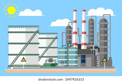 Oil refinery and petrochemical plant. Flat icon vector illustration depicting an industrial building landscape with chimneys and oil storage tanks during daytime under a blue sky and sun
