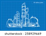 Oil refinery plant. EPS10 vector illustration imitating blueprint style scribbling with white marker.