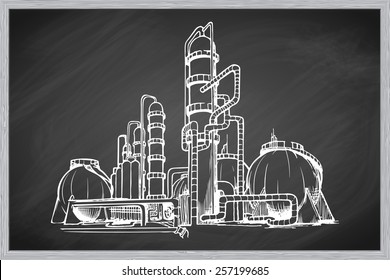 Oil refinery plant. EPS10 vector illustration in a sketchy style imitating scribbling on the blackboard.