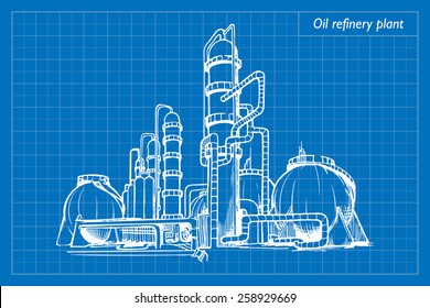 Oil Refinery Plant. EPS10 Vector Illustration Imitating Blueprint Style Scribbling With White Marker.