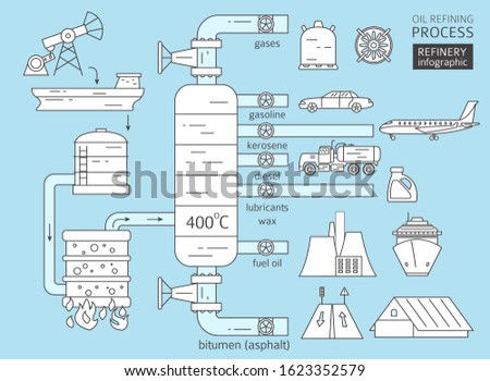 Oil refinery process infographic. Crude oil refining. Vector illustration