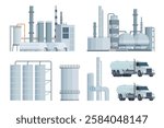 Oil refinery set or collection vector illustration. Editable chemical factory design with modular industrial elements