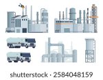 Oil refinery set or collection vector illustration. Editable chemical factory design with modular industrial elements