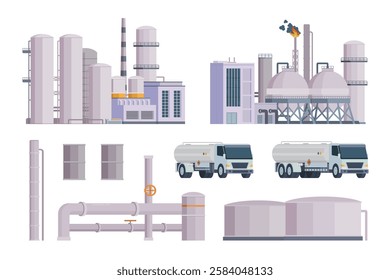 Oil refinery set or collection vector illustration. Editable chemical factory design with modular industrial elements