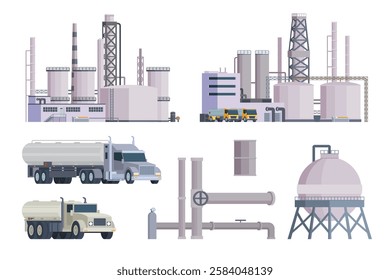 Oil refinery set or collection vector illustration. Editable chemical factory design with modular industrial elements