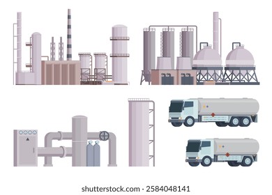 Oil refinery set or collection vector illustration. Editable chemical factory design with modular industrial elements