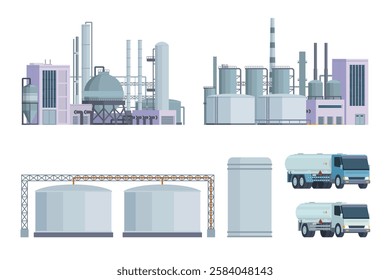 Oil refinery set or collection vector illustration. Editable chemical factory design with modular industrial elements