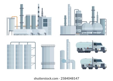 Oil refinery set or collection vector illustration. Editable chemical factory design with modular industrial elements