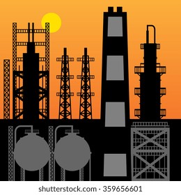 Oil refinery silhouette at sunset, vector illustration